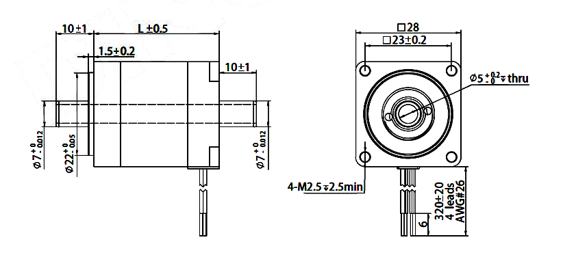 Stepper Motor NEMA11 with Hollow Shaft - Dimensions