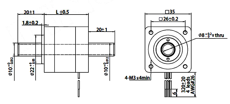 Stepper Motor NEMA14 with Hollow Shaft - Dimensions