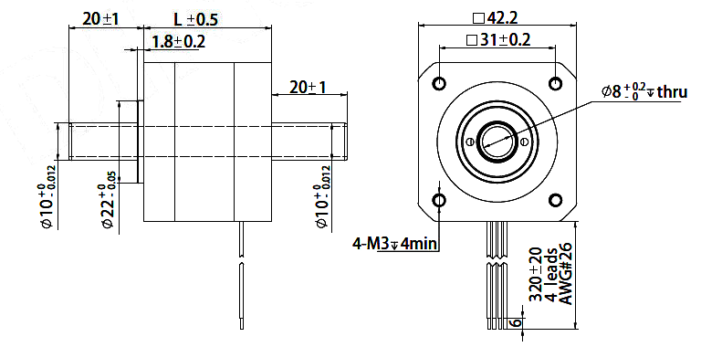 Stepper Motor NEMA17 with Hollow Shaft - Dimensions
