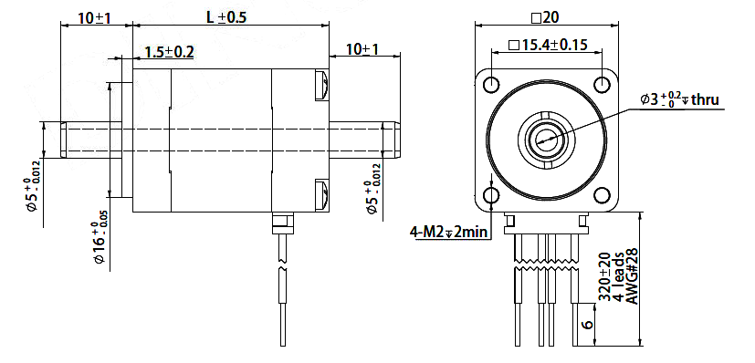 Stepper Motor NEMA8 with Hollow Shaft - Dimensions
