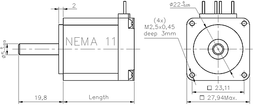 Krokový motor velikosti NEMA11 - rozměry