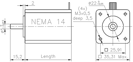 Krokový motor velikosti NEMA14 - rozměry