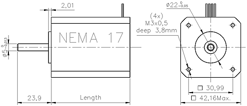 Krokový motor velikosti NEMA17 - rozměry