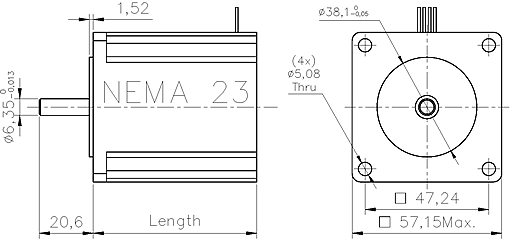 Krokový motor velikosti NEMA23 - rozměry