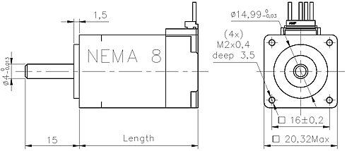 Krokový motor velikosti NEMA8 - rozměry