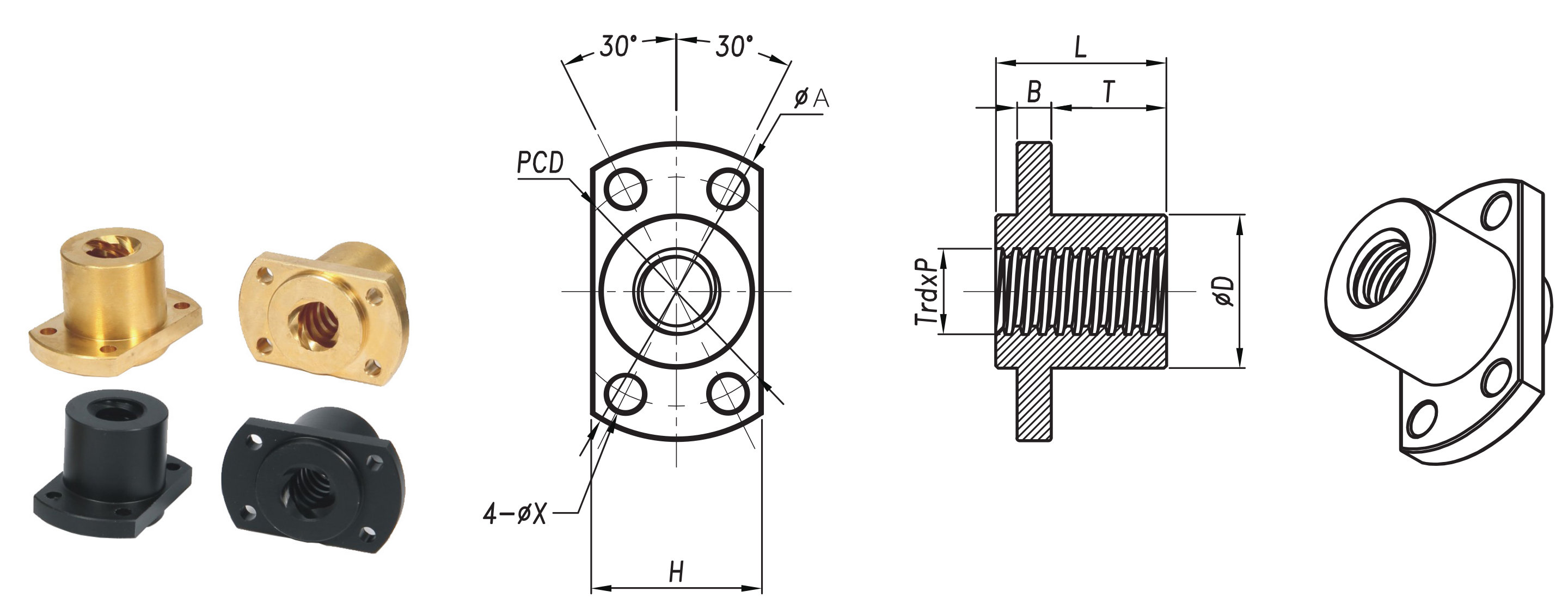 Přírubová oboustranná matice pro pohybové šrouby diameter 10 to 20 mm