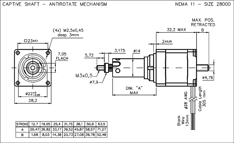 Nema 11 krokový aktuátor dimension drawing