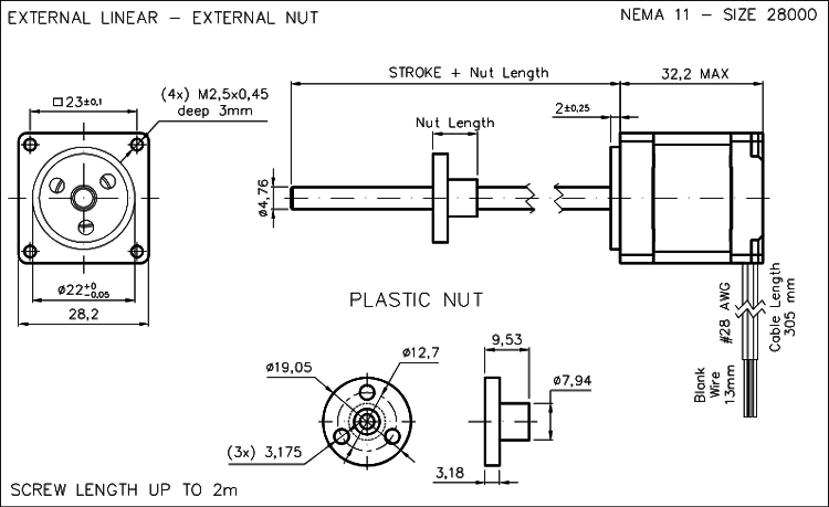 Nema 11 krokový aktuátor dimension drawing