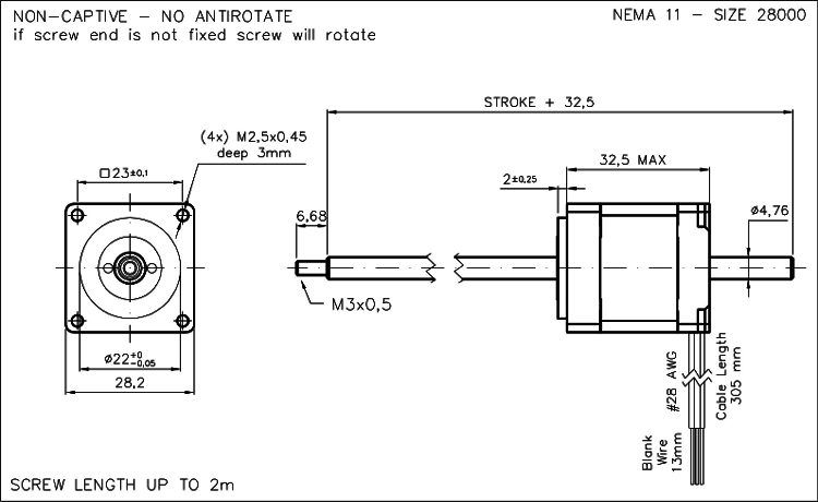 Nema 11 krokový aktuátor dimension drawing
