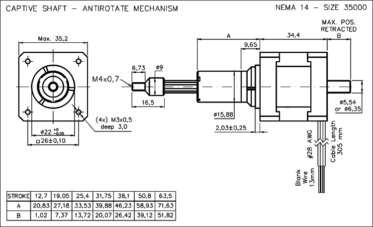 Nema 14 krokový aktuátor dimension drawing