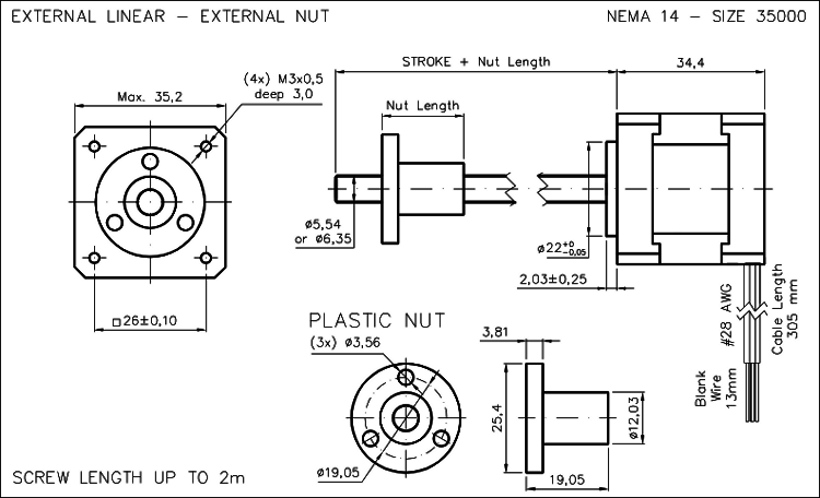 Nema 14 krokový aktuátor dimension drawing