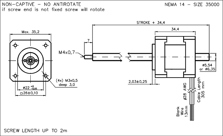 Nema 14 krokový aktuátor dimension drawing