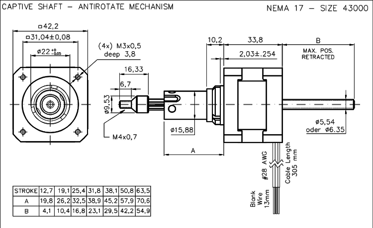 Nema 17 krokový aktuátor dimension drawing