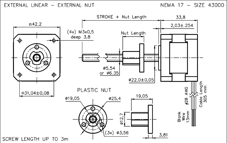 Nema 17 krokový aktuátor dimension drawing