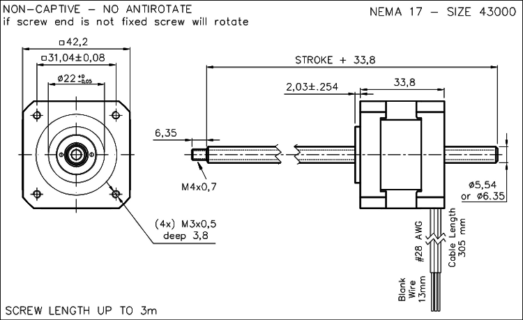 Nema 17 krokový aktuátor dimension drawing