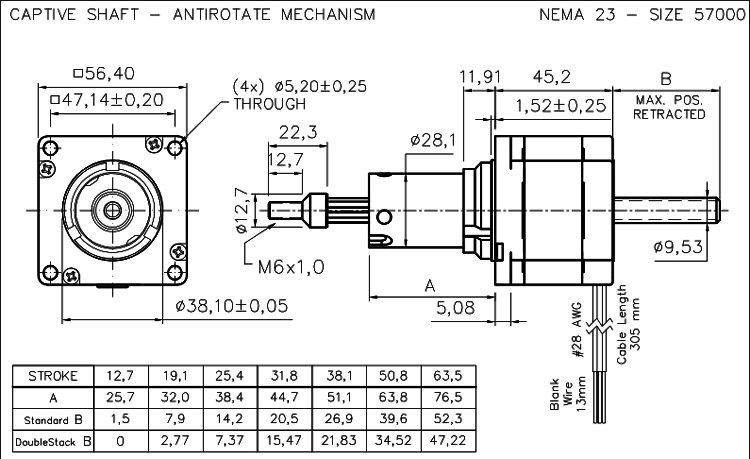 Nema 23 krokový aktuátor dimension drawing