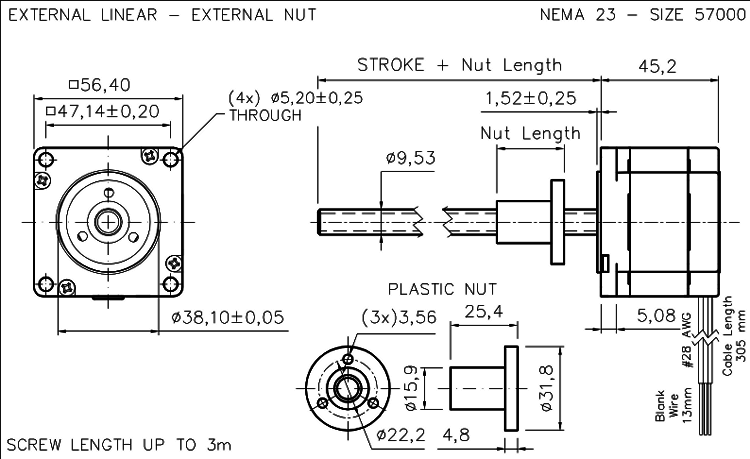 Nema 23 krokový aktuátor dimension drawing