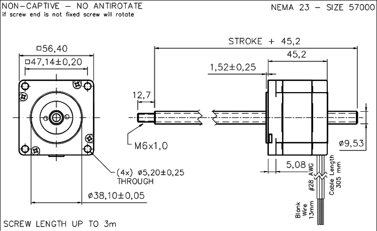 Nema 23 krokový aktuátor dimension drawing
