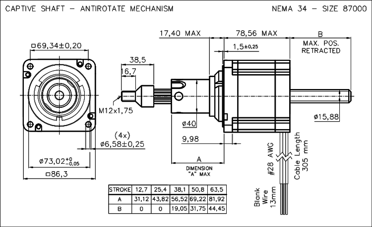 Nema 34 krokový aktuátor dimension drawing