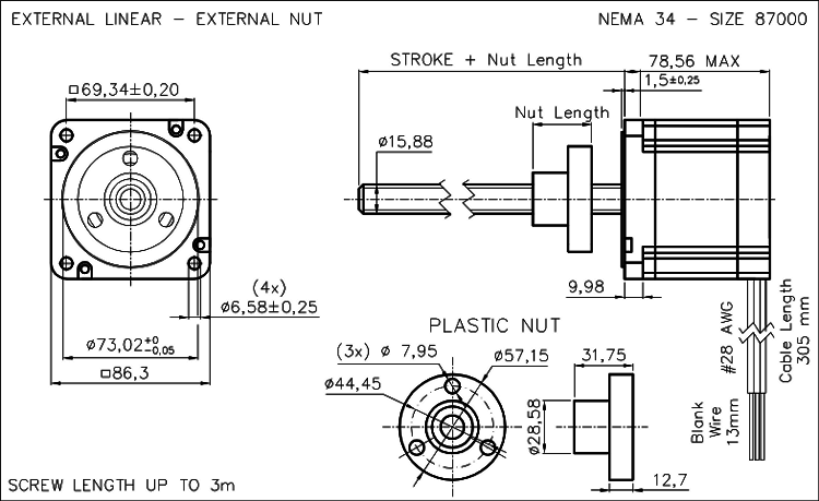 Nema 34 krokový aktuátor dimension drawing