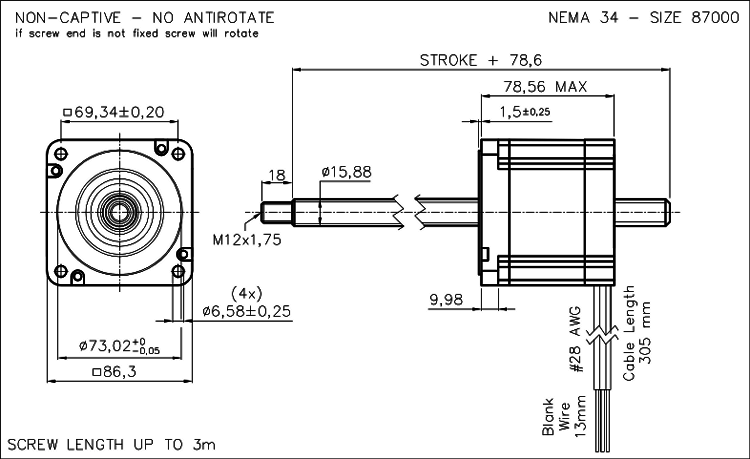 Nema 34 krokový aktuátor dimension drawing
