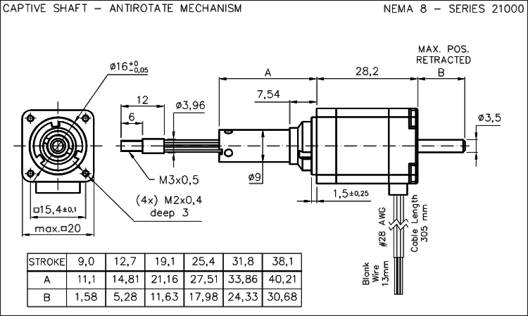 Nema 8 krokový aktuátor dimension drawing