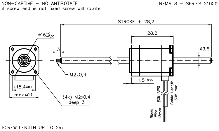 Nema 8 krokový aktuátor dimension drawing