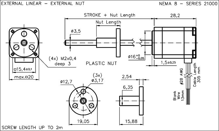 Nema 8 krokový aktuátor dimension drawing