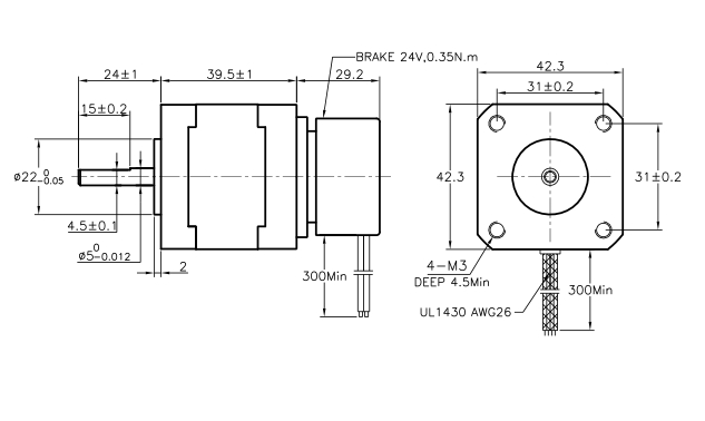 Stepper motor size NEMA17 with build in brake - dimensions