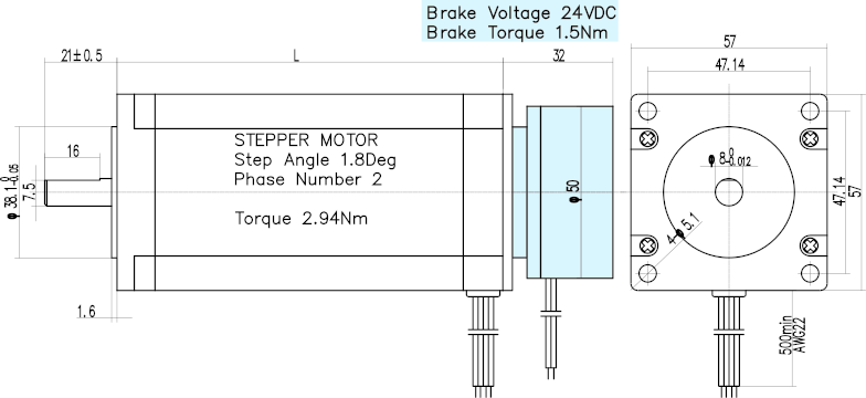 Stepper motor size NEMA23 with build in brake - dimensions